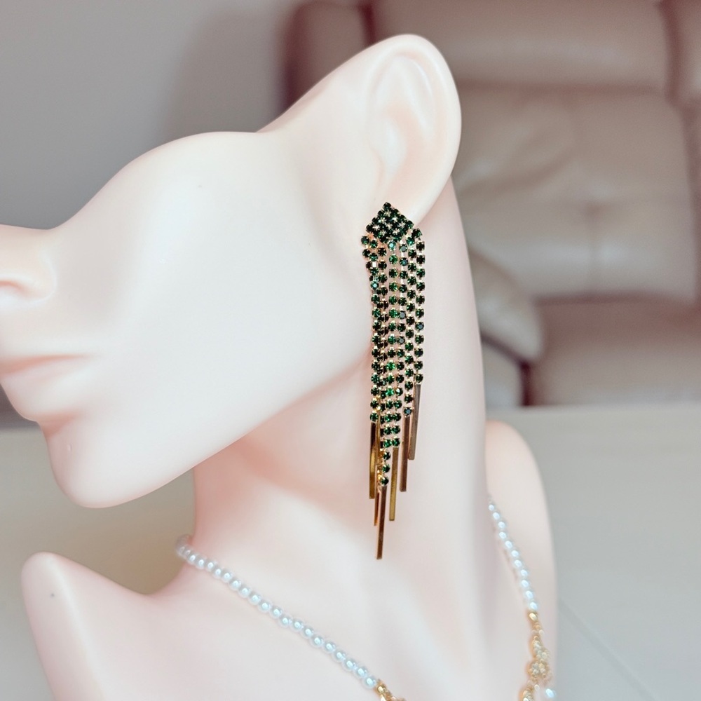 Classic Drop Earrings with Green Crystal Fringe